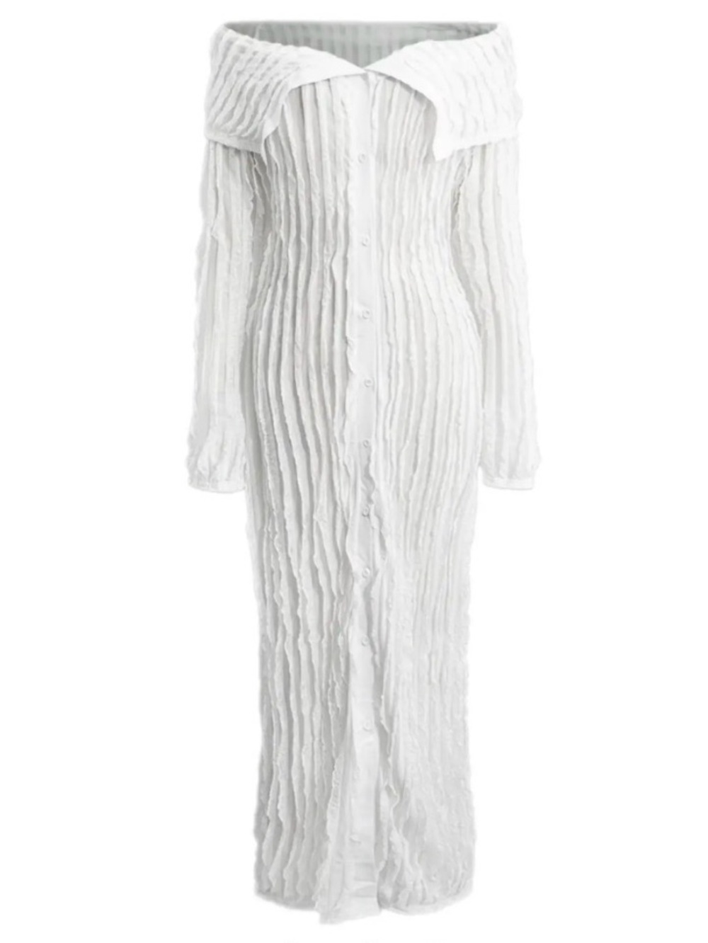 Off-Shoulder White Maxi Dress with Textured Pleats